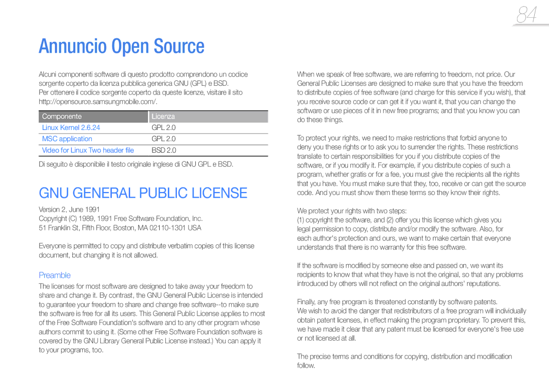 Samsung YP-R1JEP/EDC, YP-R1JCB/EDC, YP-R1JES/EDC, YP-R1JEB/EDC, YP-R1JCS/EDC manual Annuncio Open Source, Componente Licenza 