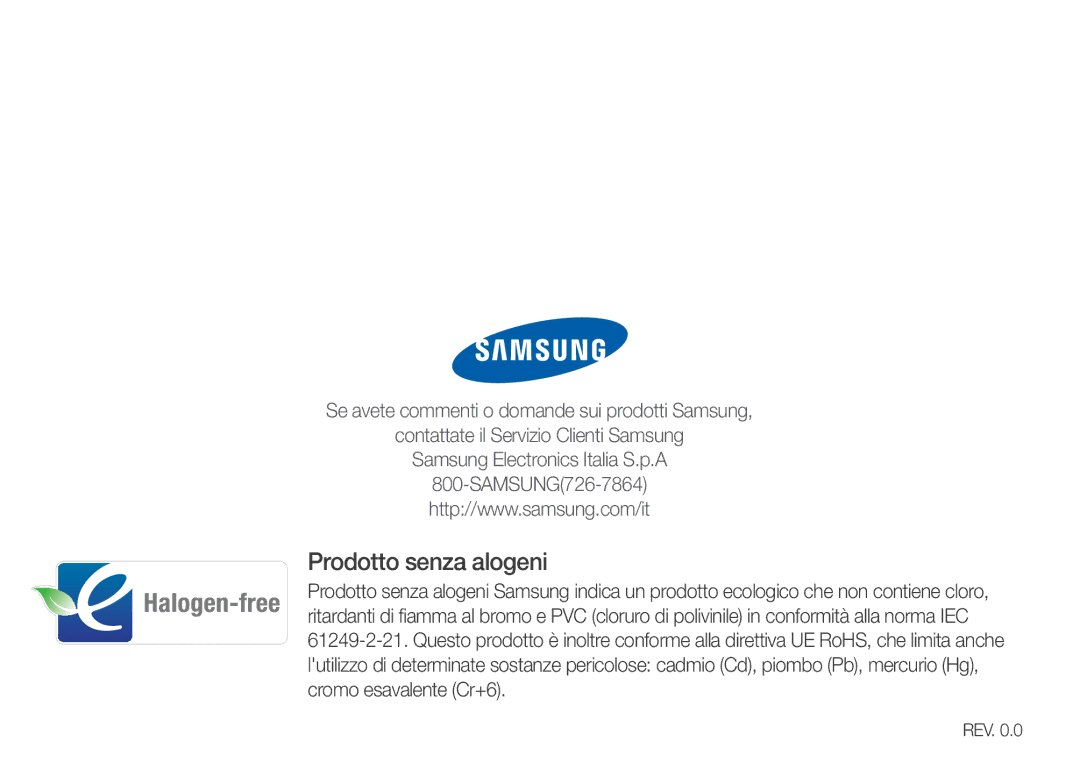 Samsung YP-R1JEB/EDC, YP-R1JCB/EDC, YP-R1JEP/EDC, YP-R1JES/EDC, YP-R1JCS/EDC manual Prodotto senza alogeni 