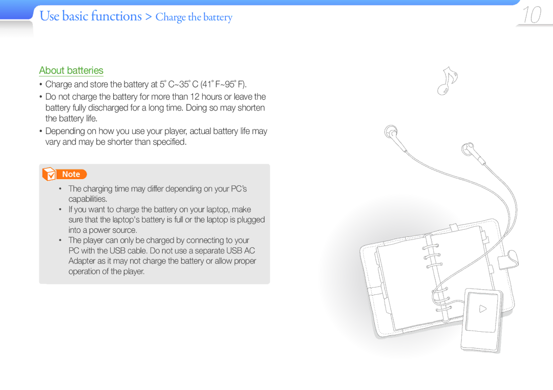 Samsung YP-R1JES/XEF, YP-R1JNB/XEF, YP-R1JEB/XEF, YP-R1JCP/XEF manual Use basic functions Charge the battery, About batteries 