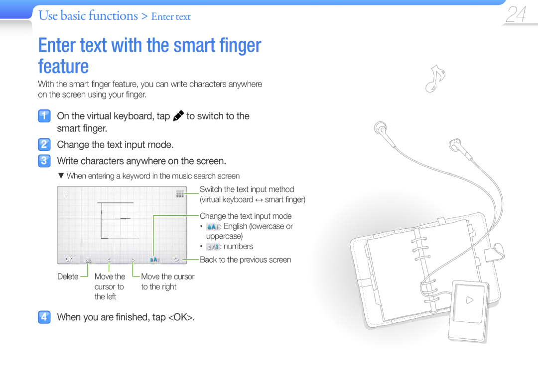 Samsung YP-R1JES/XEF, YP-R1JNB/XEF Enter text with the smart finger feature, Use basic functions Enter text, Uppercase 