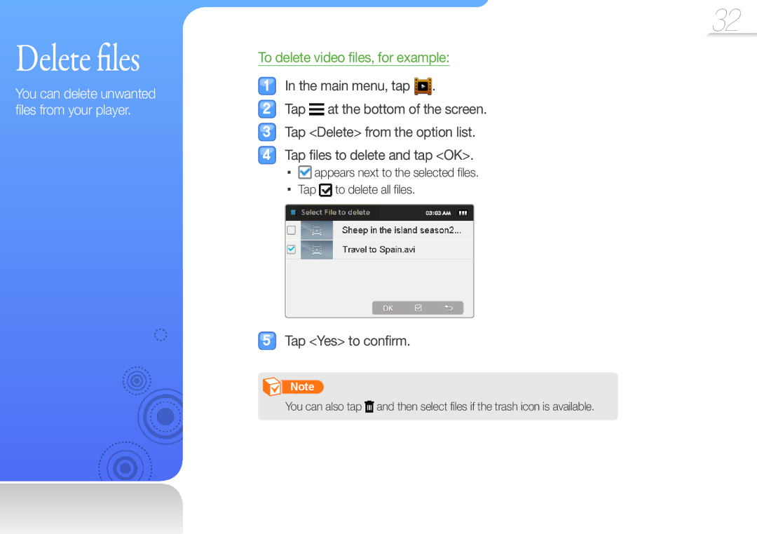 Samsung YP-R1JEP/XEF manual Delete files, Tap Yes to confirm, Appears next to the selected files Tap to delete all files 