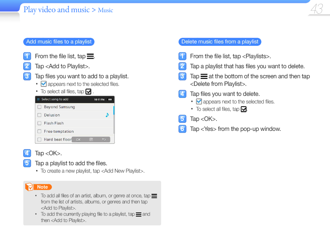 Samsung YP-R1JNP/XEF, YP-R1JNB/XEF manual Tap OK Tap a playlist to add the files, Tap OK Tap Yes from the pop-up window 