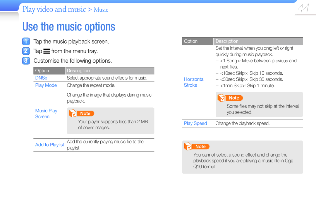 Samsung YP-R1JCS/XEF, YP-R1JNB/XEF, YP-R1JEB/XEF manual Use the music options, Play Mode, Music Play Screen, Play Speed 