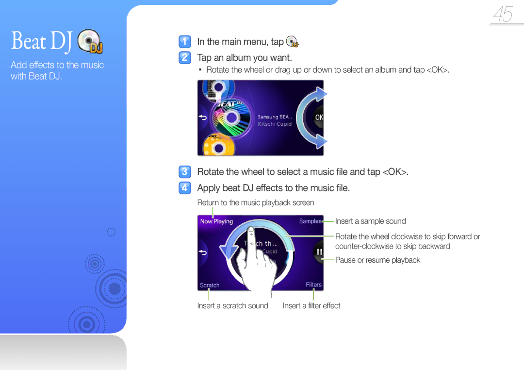 Samsung YP-R1JCB/XEF manual Beat DJ, Main menu, tap Tap an album you want, Pause or resume playback Insert a scratch sound 