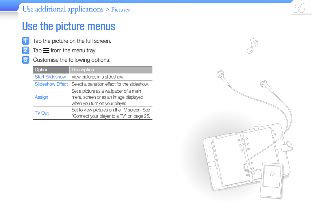 Samsung YP-R1JEB/EDC Use the picture menus, Use additional applications Pictures, View pictures in a slideshow, Assign 