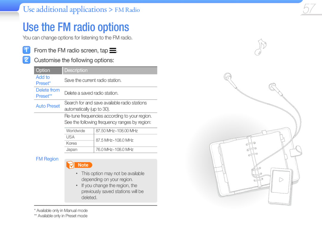 Samsung YP-R1JNP/XEF, YP-R1JNB/XEF manual Use the FM radio options, You can change options for listening to the FM radio 