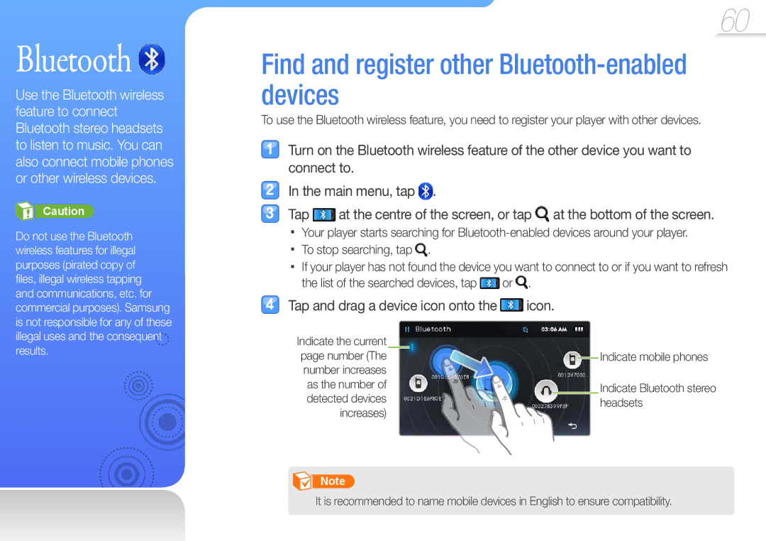 Samsung YP-R1JEP/XEF manual Find and register other Bluetooth-enabled devices, Tap and drag a device icon onto the icon 