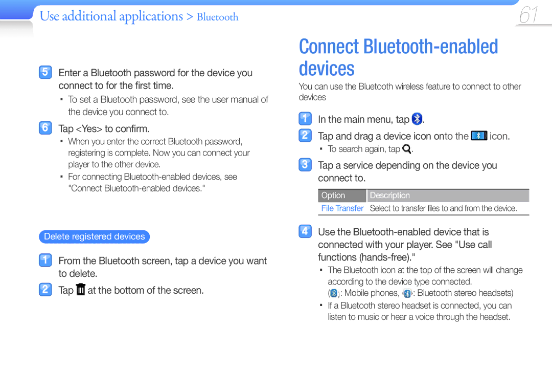 Samsung YP-R1JCB/EDC manual Use additional applications Bluetooth, Main menu, tap Tap and drag a device icon onto the icon 