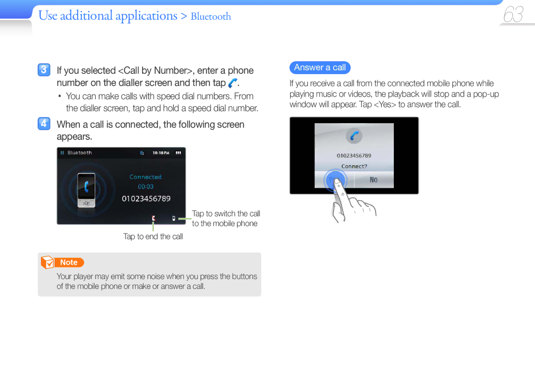 Samsung YP-R1JES/EDC manual When a call is connected, the following screen appears, Answer a call, Tap to end the call 