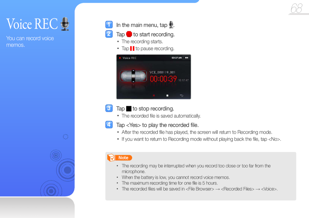 Samsung YP-R1JNB/XEF manual Voice REC, Main menu, tap Tap to start recording, Recording starts Tap to pause recording 