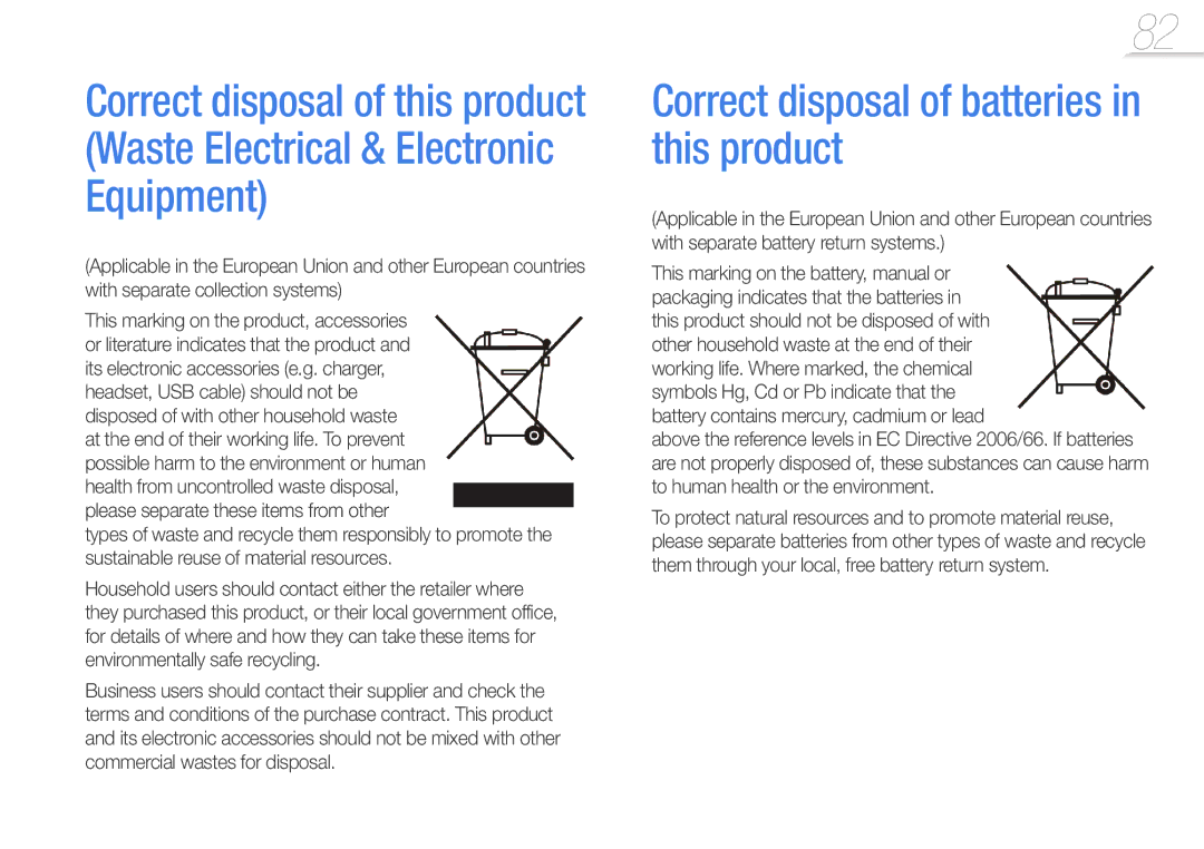 Samsung YP-R1JNB/XEF, YP-R1JEB/XEF, YP-R1JCP/XEF, YP-R1JNP/XEF, YP-R1JCS/XEF Correct disposal of batteries in this product 