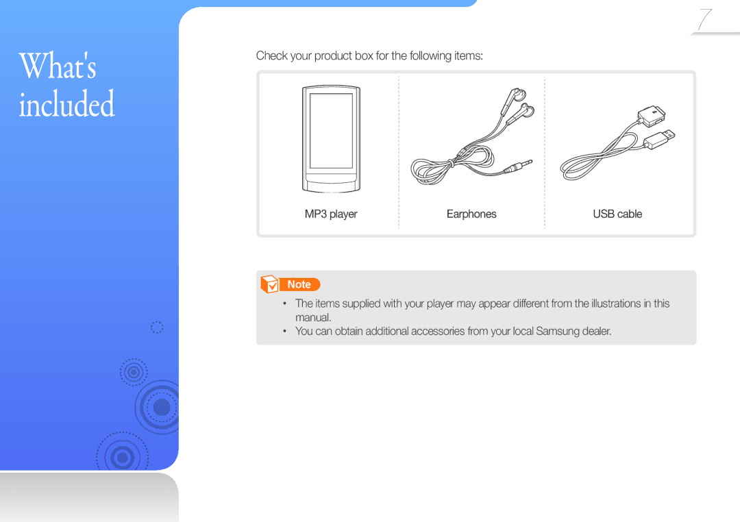 Samsung YP-R1JES/EDC, YP-R1JNB/XEF manual Check your product box for the following items, MP3 player Earphones USB cable 