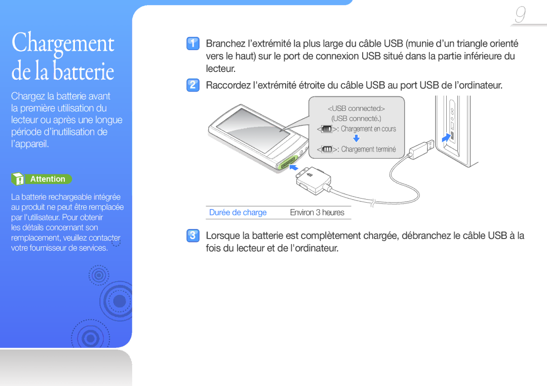 Samsung YP-R1JCS/XEF, YP-R1JNB/XEF, YP-R1JEB/XEF, YP-R1JCP/XEF, YP-R1JNP/XEF manual Chargement de la batterie, Durée de charge 