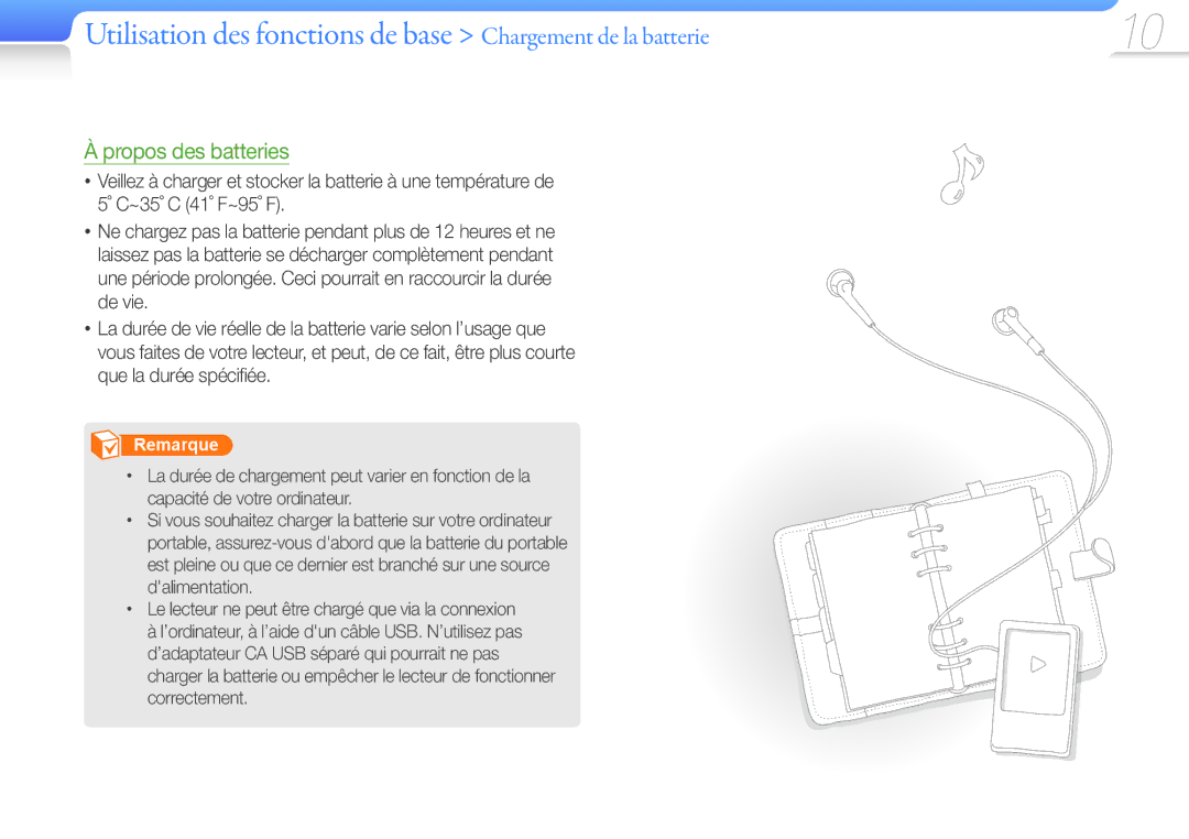 Samsung YP-R1JCB/XEF, YP-R1JNB/XEF manual Utilisation des fonctions de base Chargement de la batterie, Propos des batteries 