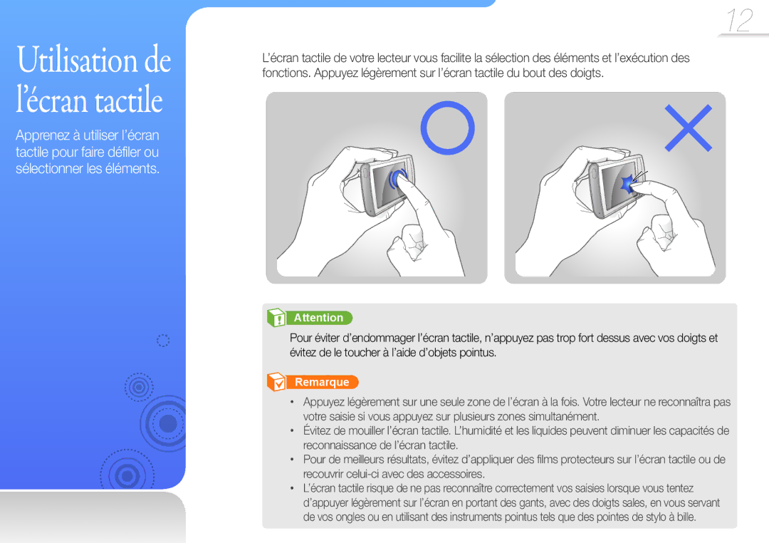 Samsung YP-R1JNB/XEF, YP-R1JEB/XEF, YP-R1JCP/XEF, YP-R1JNP/XEF, YP-R1JCS/XEF, YP-R1JCB/XEF manual Utilisation de l’écran tactile 