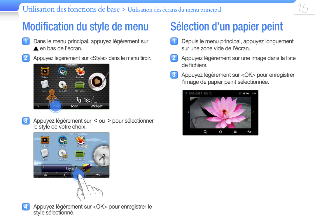 Samsung YP-R1JNP/XEF, YP-R1JNB/XEF manual Sélection d’un papier peint, Appuyez légèrement sur Style dans le menu tiroir 