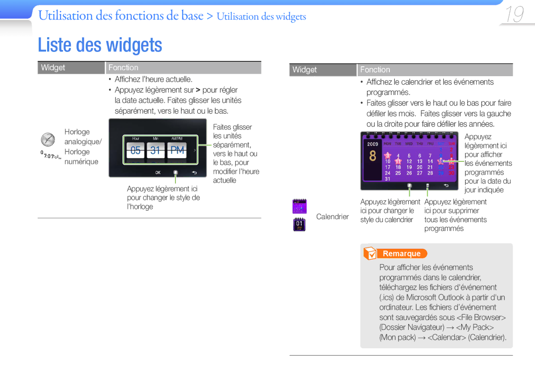 Samsung YP-R1JNB/XEF manual Liste des widgets, Utilisation des fonctions de base Utilisation des widgets, Widget, Fonction 