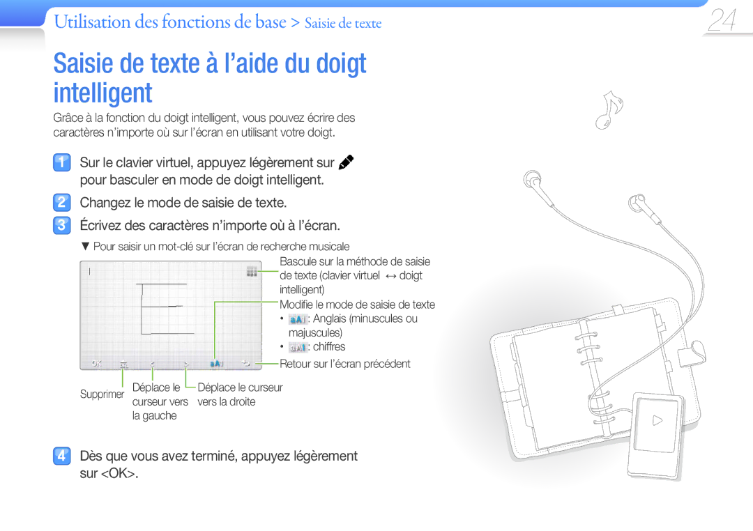 Samsung YP-R1JCB/XEF Saisie de texte à l’aide du doigt intelligent, Utilisation des fonctions de base Saisie de texte 