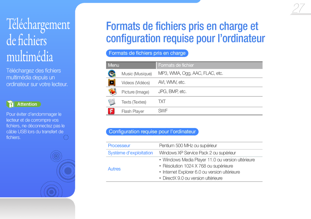 Samsung YP-R1JEB/XEF Formats de fichiers pris en charge, Configuration requise pour l’ordinateur, Menu Formats de fichier 