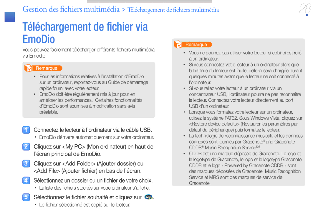 Samsung YP-R1JCP/XEF manual Téléchargement de fichier via EmoDio, Connectez le lecteur à l’ordinateur via le câble USB 