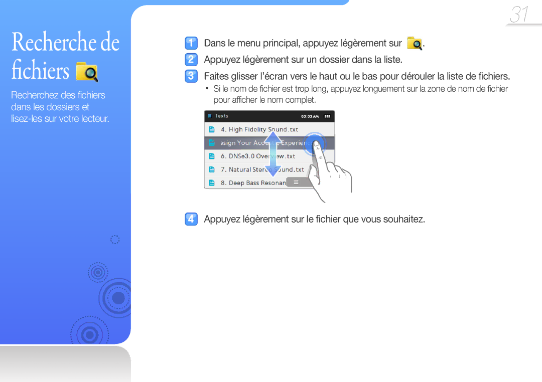 Samsung YP-R1JCB/XEF, YP-R1JNB/XEF manual Recherche de fichiers, Appuyez légèrement sur le fichier que vous souhaitez 