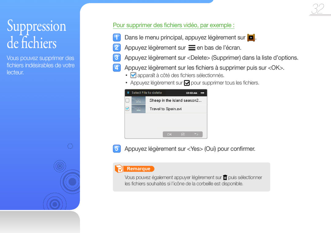 Samsung YP-R1JEP/XEF, YP-R1JNB/XEF, YP-R1JEB/XEF Suppression de fichiers, Appuyez légèrement sur Yes Oui pour confirmer 