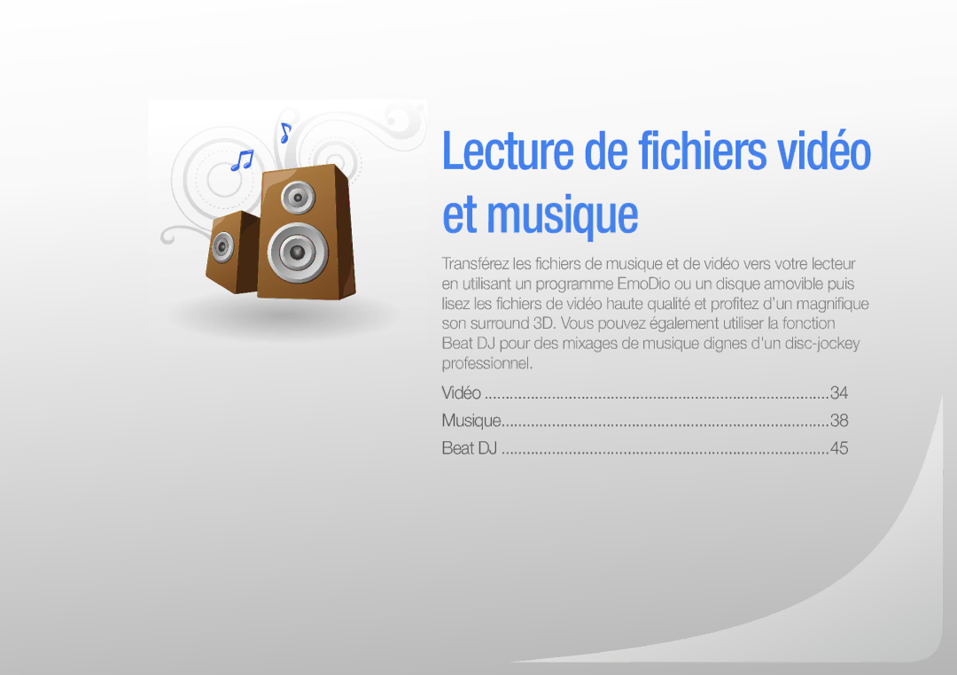 Samsung YP-R1JNB/XEF, YP-R1JEB/XEF, YP-R1JCP/XEF, YP-R1JNP/XEF, YP-R1JCS/XEF manual Lecture de fichiers vidéo et musique 