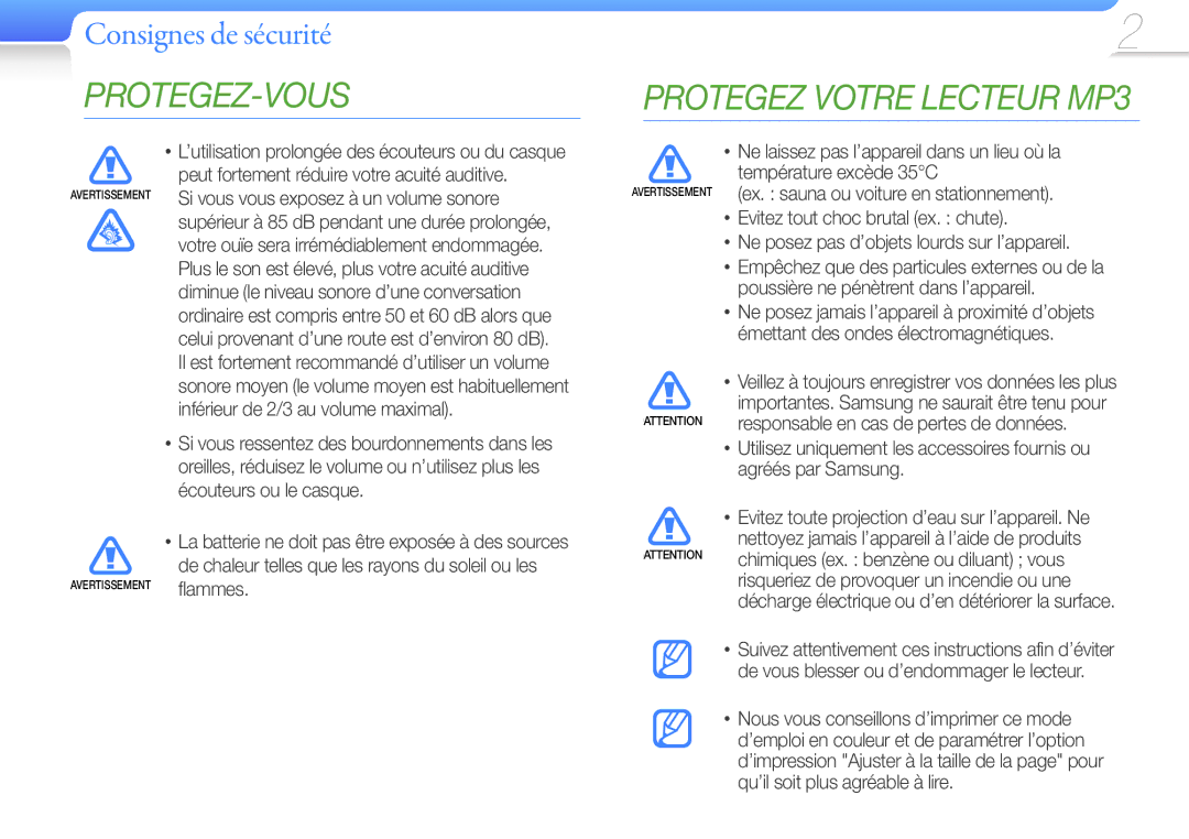 Samsung YP-R1JCS/XEF, YP-R1JNB/XEF, YP-R1JEB/XEF, YP-R1JCP/XEF manual Consignes de sécurité, Protegez Votre Lecteur MP3 