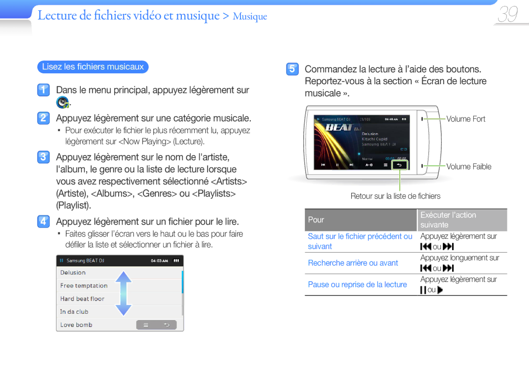 Samsung YP-R1JEP/XEF, YP-R1JNB/XEF, YP-R1JEB/XEF Lecture de fichiers vidéo et musique Musique, Lisez les fichiers musicaux 