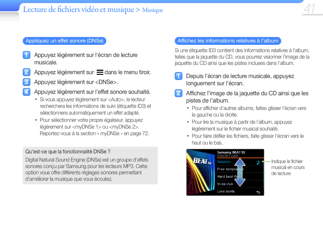 Samsung YP-R1JEB/XEF, YP-R1JNB/XEF, YP-R1JCP/XEF manual Appliquez un effet sonore DNSe, Quest-ce que la fonctionnalité DNSe ? 