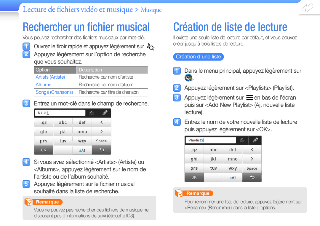 Samsung YP-R1JCP/XEF, YP-R1JNB/XEF Création de liste de lecture, Vous pouvez rechercher des fichiers musicaux par mot-clé 