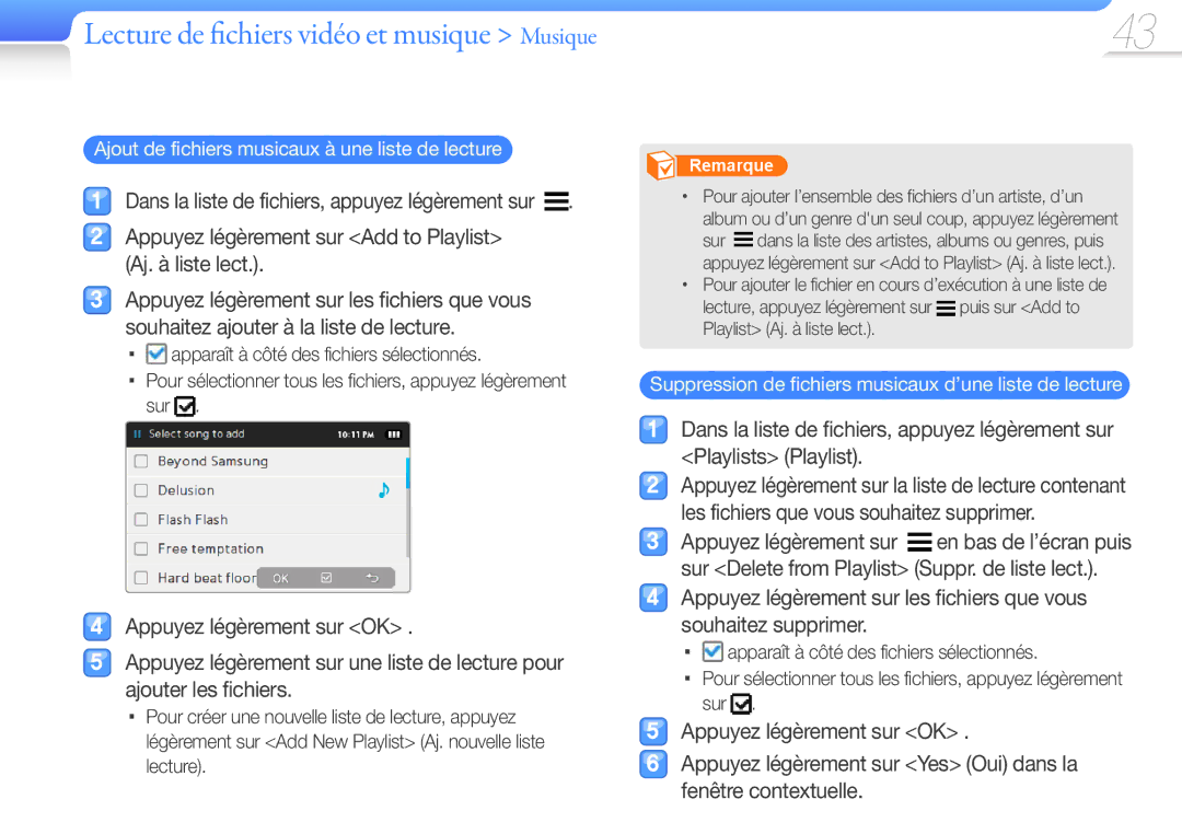 Samsung YP-R1JNP/XEF, YP-R1JNB/XEF, YP-R1JEB/XEF, YP-R1JCP/XEF manual Appuyez légèrement sur Add to Playlist Aj. à liste lect 