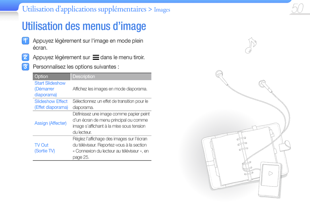 Samsung YP-R1JNP/XEF, YP-R1JNB/XEF manual Utilisation des menus d’image, Utilisation d’applications supplémentaires Images 