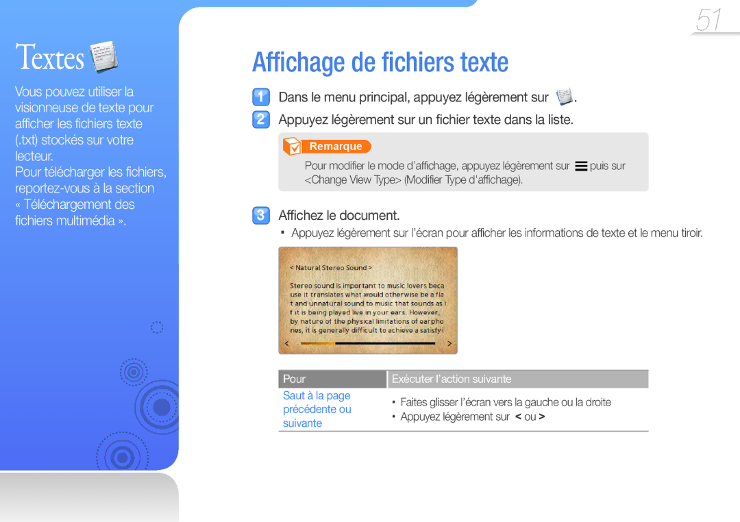 Samsung YP-R1JCS/XEF Textes, Affichage de fichiers texte, Affichez le document, Saut à la page précédente ou suivante 