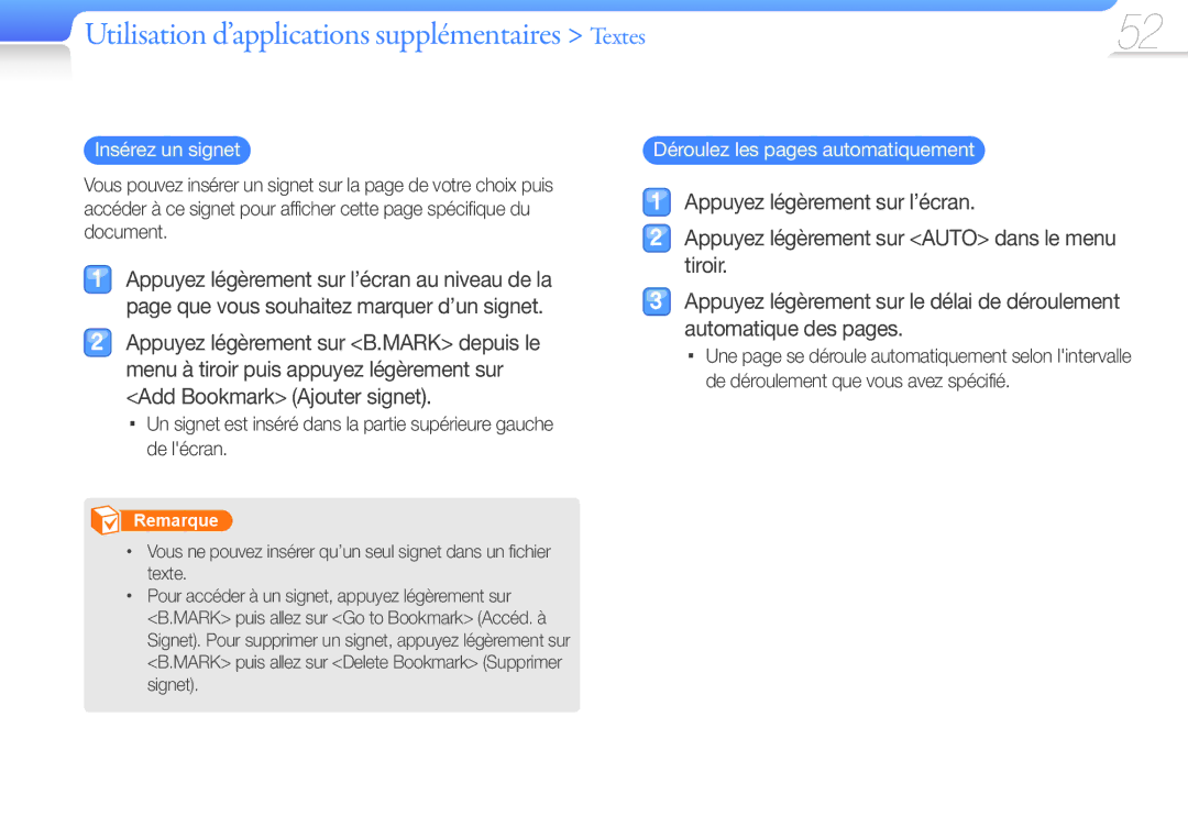 Samsung YP-R1JCB/XEF, YP-R1JNB/XEF Utilisation d’applications supplémentaires Textes, Déroulez les pages automatiquement 