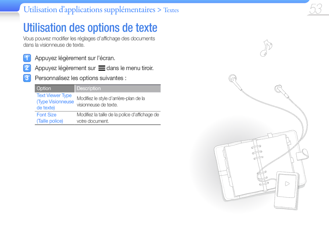 Samsung YP-R1JEP/XEF, YP-R1JNB/XEF Utilisation des options de texte, De texte Font Size, Taille police, Text Viewer Type 