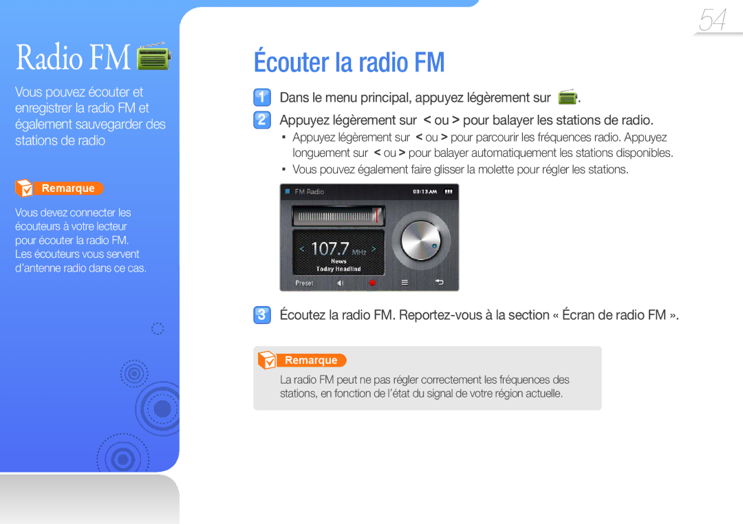 Samsung YP-R1JNB/XEF, YP-R1JEB/XEF, YP-R1JCP/XEF, YP-R1JNP/XEF, YP-R1JCS/XEF, YP-R1JCB/XEF manual Radio FM, Écouter la radio FM 