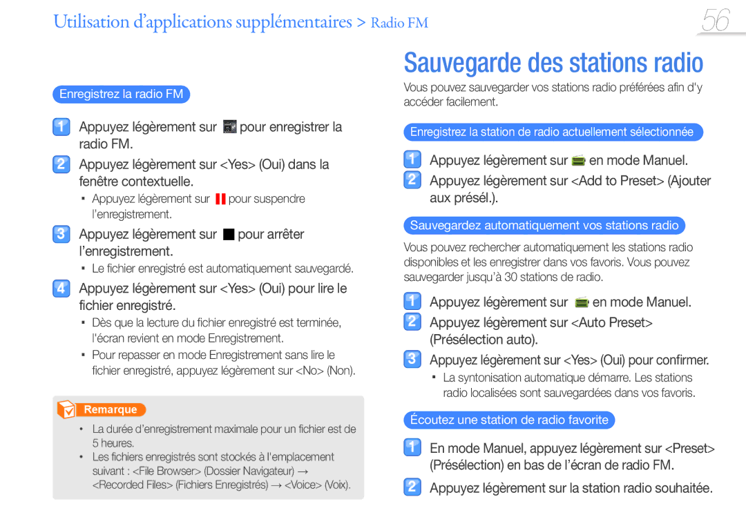 Samsung YP-R1JCP/XEF, YP-R1JNB/XEF manual Appuyez légèrement sur pour arrêter l’enregistrement, Enregistrez la radio FM 