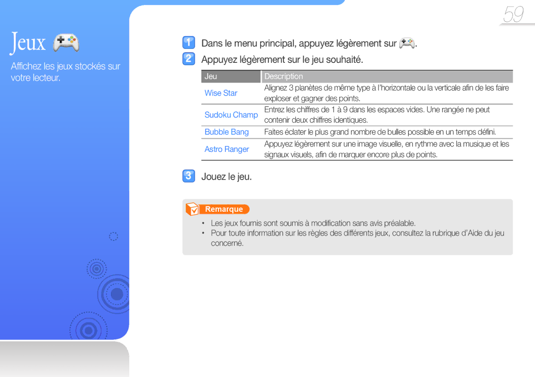 Samsung YP-R1JCB/XEF, YP-R1JNB/XEF, YP-R1JEB/XEF, YP-R1JCP/XEF Jeux, Jouez le jeu, Jeu Description, Wise Star, Astro Ranger 