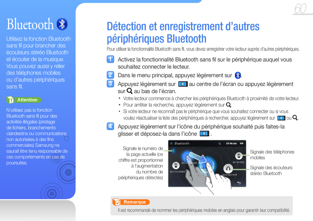 Samsung YP-R1JEP/XEF, YP-R1JNB/XEF, YP-R1JEB/XEF, YP-R1JCP/XEF Bluetooth, Pour arrêter la recherche, appuyez légèrement sur 