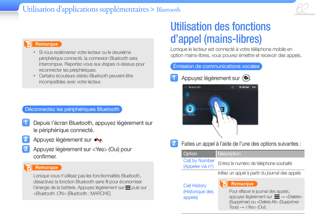 Samsung YP-R1JEB/XEF Déconnectez les périphériques Bluetooth, Émission de communications vocales, Call History, Appels 