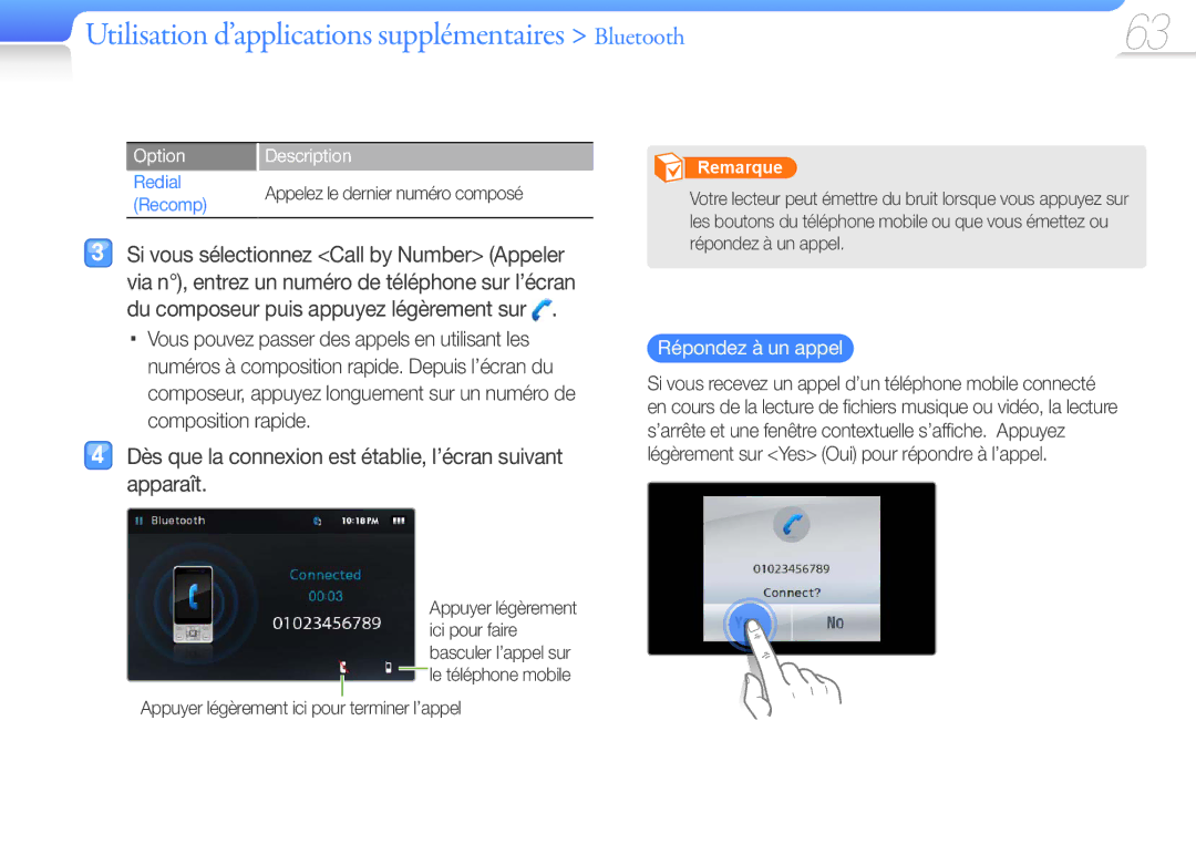 Samsung YP-R1JCP/XEF manual Dès que la connexion est établie, l’écran suivant apparaît, Répondez à un appel, Redial, Recomp 