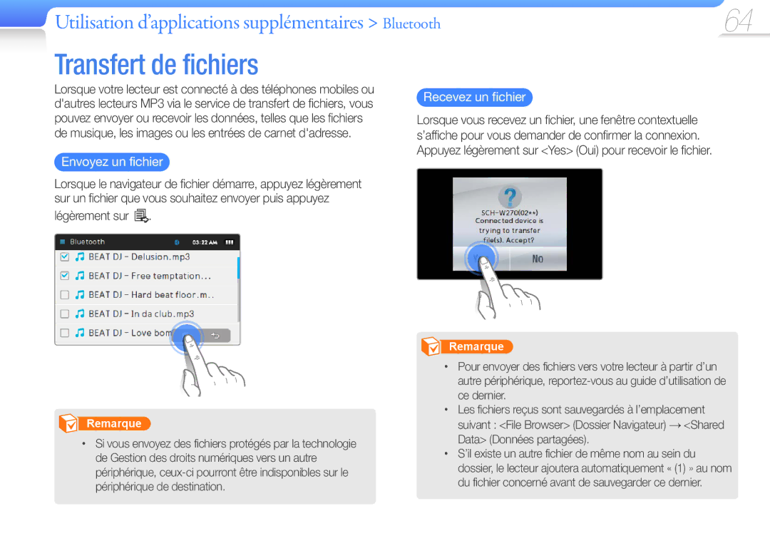 Samsung YP-R1JNP/XEF, YP-R1JNB/XEF manual Transfert de fichiers, Envoyez un fichier, Légèrement sur, Recevez un fichier 