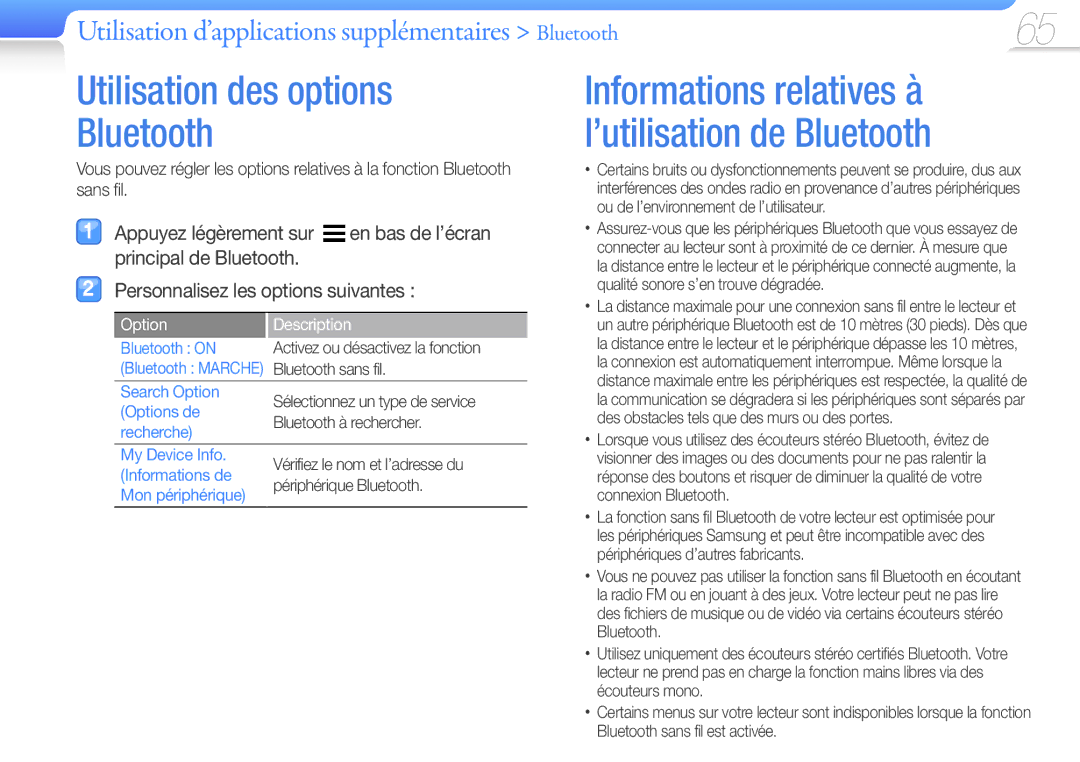 Samsung YP-R1JCS/XEF, YP-R1JNB/XEF, YP-R1JEB/XEF, YP-R1JCP/XEF, YP-R1JNP/XEF, YP-R1JCB/XEF Utilisation des options Bluetooth 