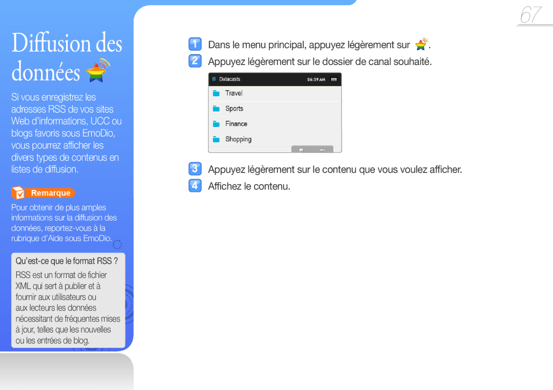 Samsung YP-R1JEP/XEF, YP-R1JNB/XEF, YP-R1JEB/XEF, YP-R1JCP/XEF manual Diffusion des données, Qu’est-ce que le format RSS ? 