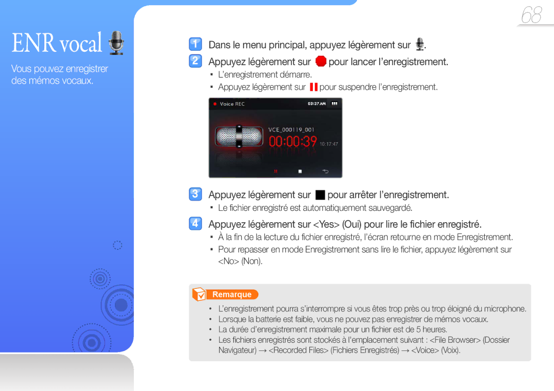 Samsung YP-R1JNB/XEF, YP-R1JEB/XEF, YP-R1JCP/XEF, YP-R1JNP/XEF manual ENR vocal, Vous pouvez enregistrer des mémos vocaux 