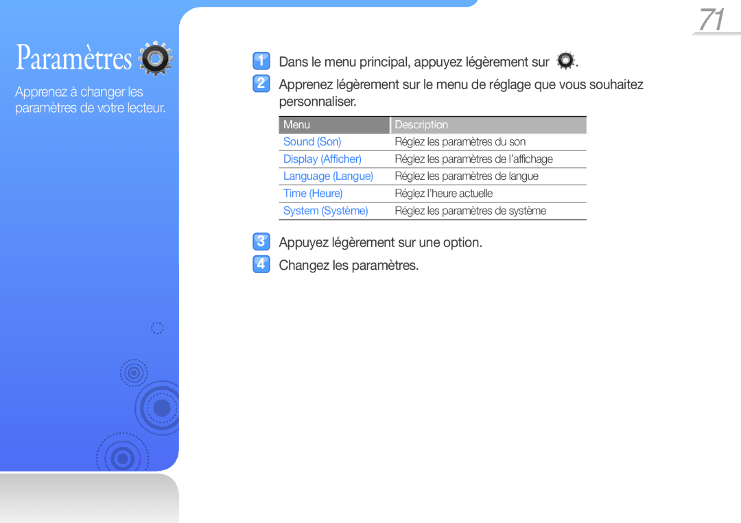 Samsung YP-R1JNP/XEF, YP-R1JNB/XEF Paramètres, Appuyez légèrement sur une option Changez les paramètres, Menu Description 