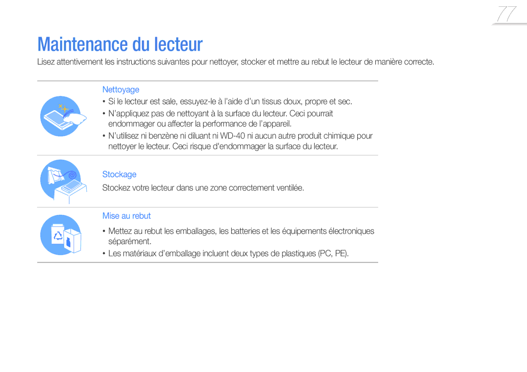 Samsung YP-R1JCP/XEF, YP-R1JNB/XEF manual Maintenance du lecteur, Stockez votre lecteur dans une zone correctement ventilée 