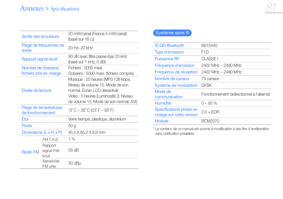 Samsung YP-R1JEP/XEF, YP-R1JNB/XEF, YP-R1JEB/XEF, YP-R1JCP/XEF, YP-R1JNP/XEF, YP-R1JCS/XEF, YP-R1JCB/XEF manual Système sans fil 