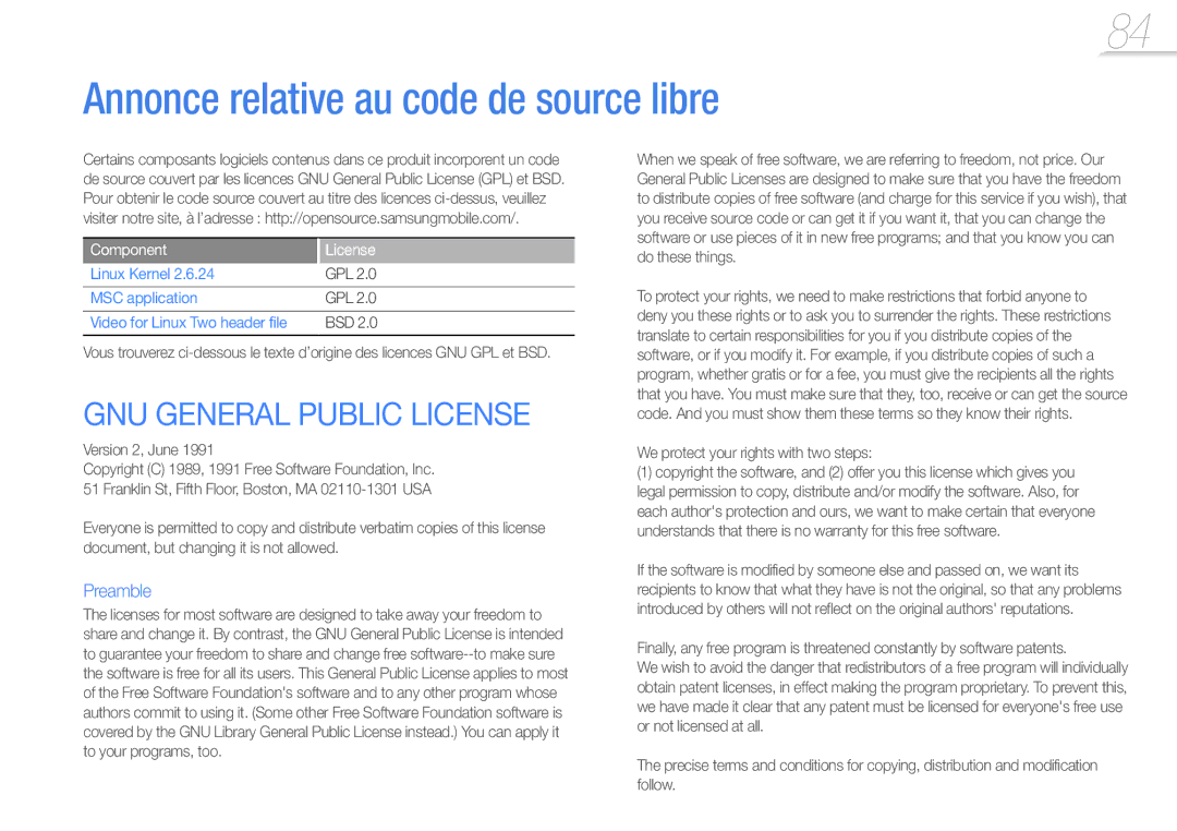 Samsung YP-R1JCP/XEF, YP-R1JNB/XEF, YP-R1JEB/XEF Annonce relative au code de source libre, Linux Kernel, MSC application 